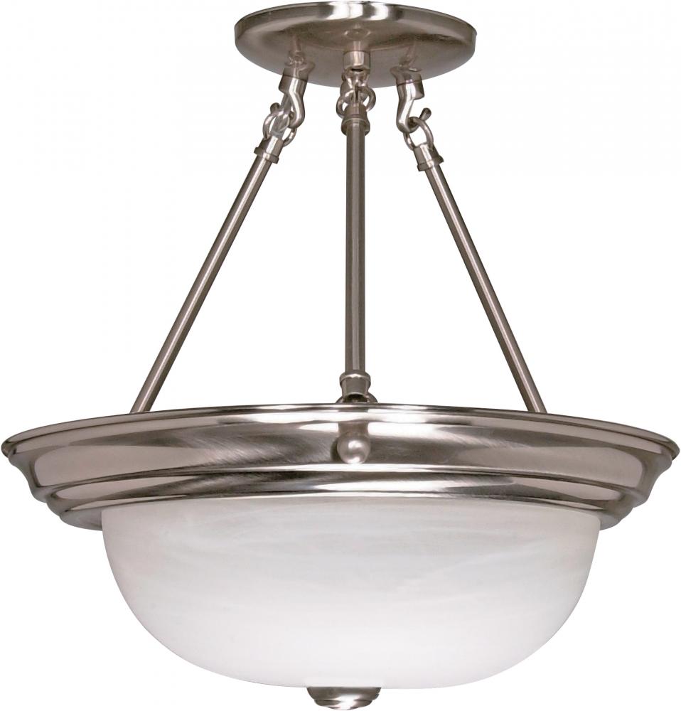 3-Light Large Semi Flush Light Fixture in Brushed Nickel Finish with Alabaster Glass and (3) 13W